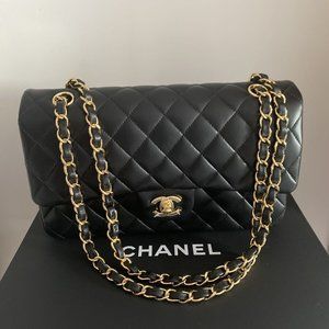 Chanel Classic Black Double Flap Bag Medium Quilted Lambskin Gold Hardware NEW